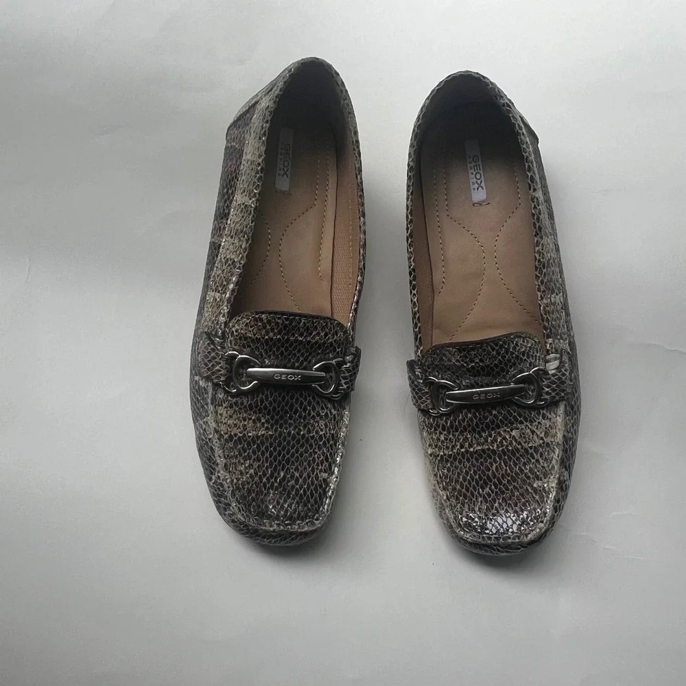 Geox Respira Womens Snakeskin Embossed Leather Horsebit Loafers‎ Brown Grey 37
